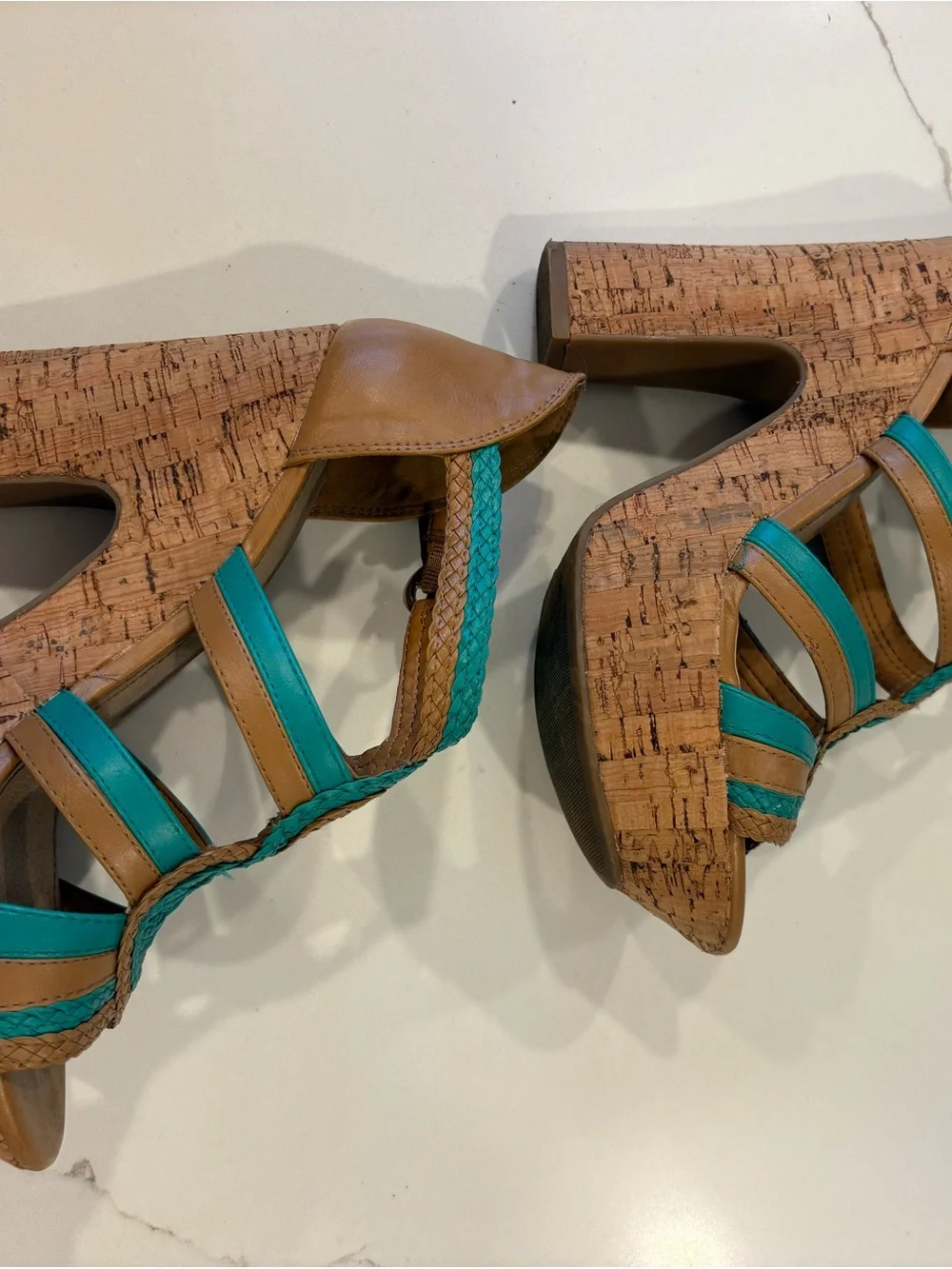 Y2K BCBGeneration Cork Chunky Strappy Platform Heels Turquoise Blue Tan Sandals